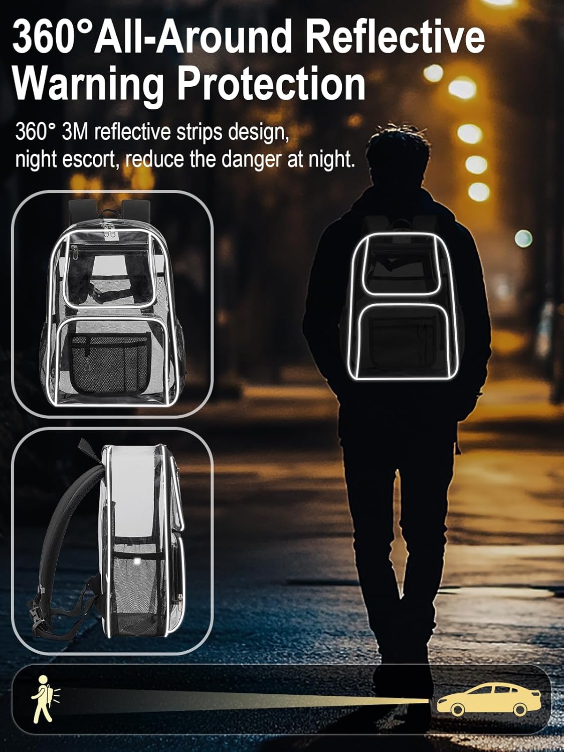 Heavy Duty Clear Backpack For Kids Women Men Boys Girls, 17 Inch Large See Through Backpack, 360° 3M Reflective Strips Clear Bookbag, Transparent Bag For School College Sport Work Security, Pink