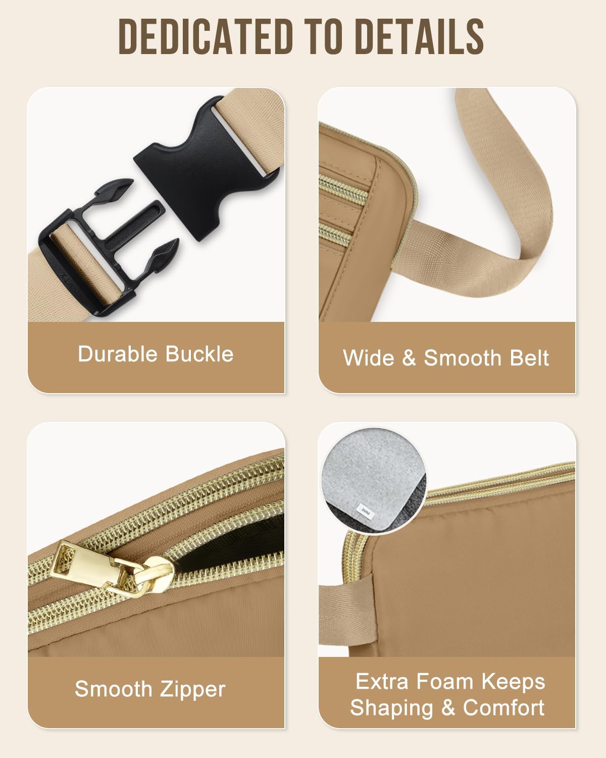 Capolo Fanny Packs for Women Fashion Waist Packs Bag with Adjustable Strap and 4 Zipper Pockets Waterproof Everywhere Crossbody Belt Bag for Workout Running Travelling(Khaki, Large)