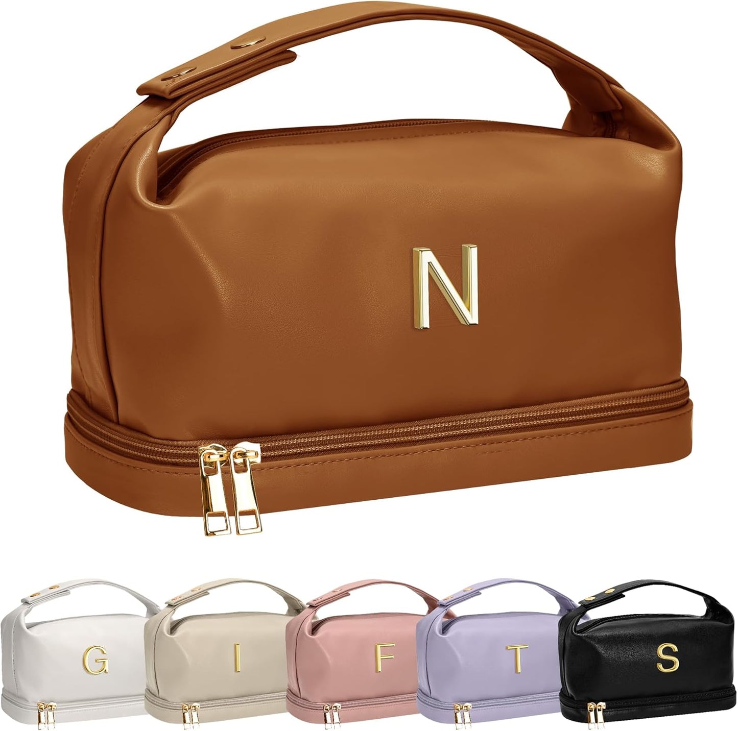 Cute Gifts for Women, Personalized Makeup Bag with Handle, Initial Double Layer Cosmetic Bag with Makeup Brush Organizer, Cute Cosmetic Pouch for Women, Gifts for Friends Female Mom