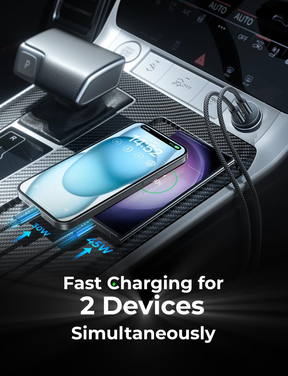 LISEN 90W for iPhone 17 Car Charger USB C Fast Charge, Dual Fast Charging Port 45W USB C Car Charger Type C Adapter with 2 Cables [Lighning&USB-C] for iPhone 17 Pro/16/15/14,Galaxy S25/S24