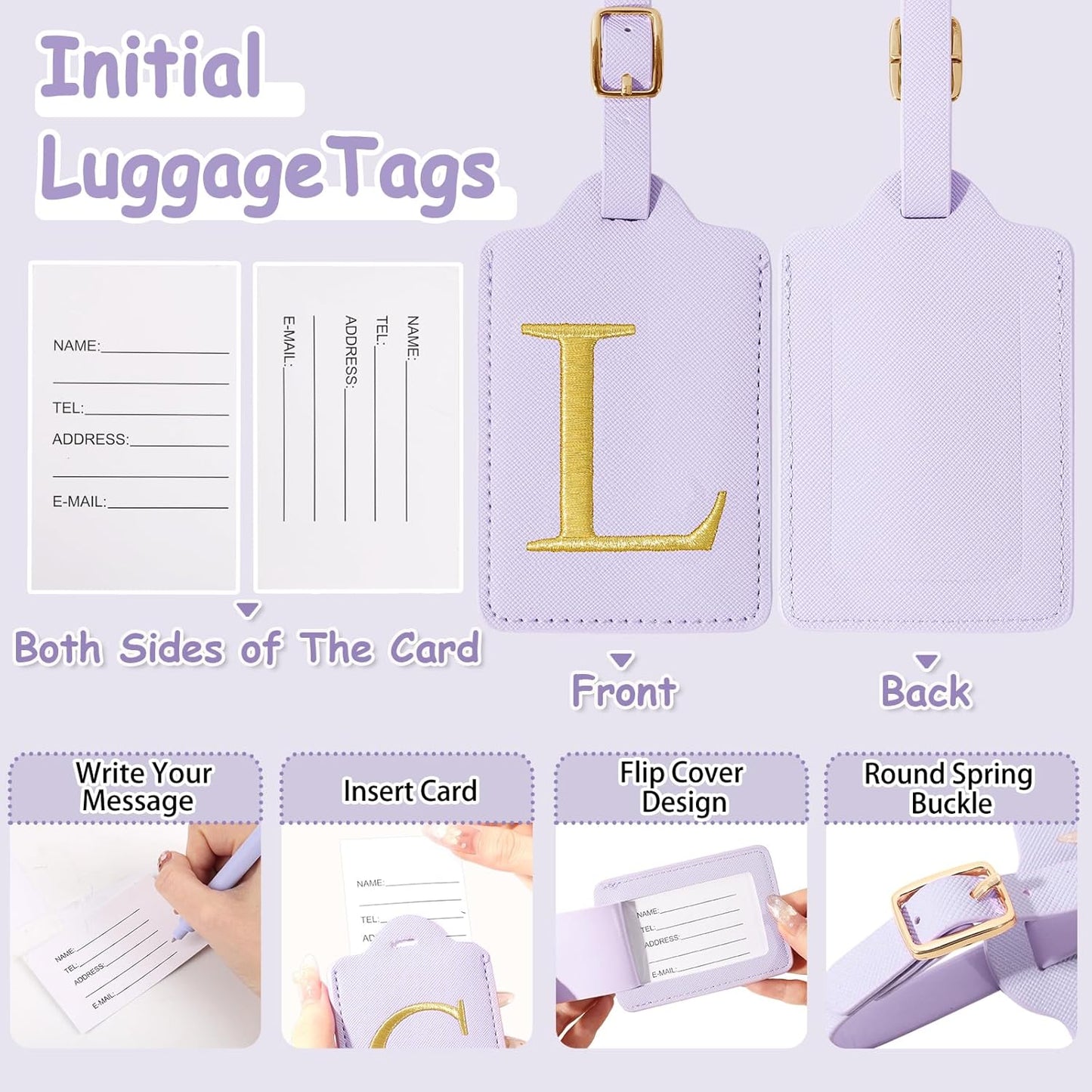 Personalized Initial Luggage Tags for Suitcases, Cute PU Leather Embroidered Letter Travel Luggage Tags, Suitcase Identifier Name Baggage Tag, Bag Tags for Men Women Kids Luggage Handbags(Purple L)
