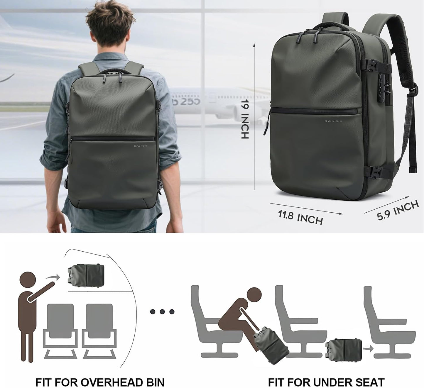 BANGE Travel Backpack with Vacuum Pocket and TSA lock version can hold 15.6 inch Laptop suitable Overnight Flight Approved Anti-theft Bag