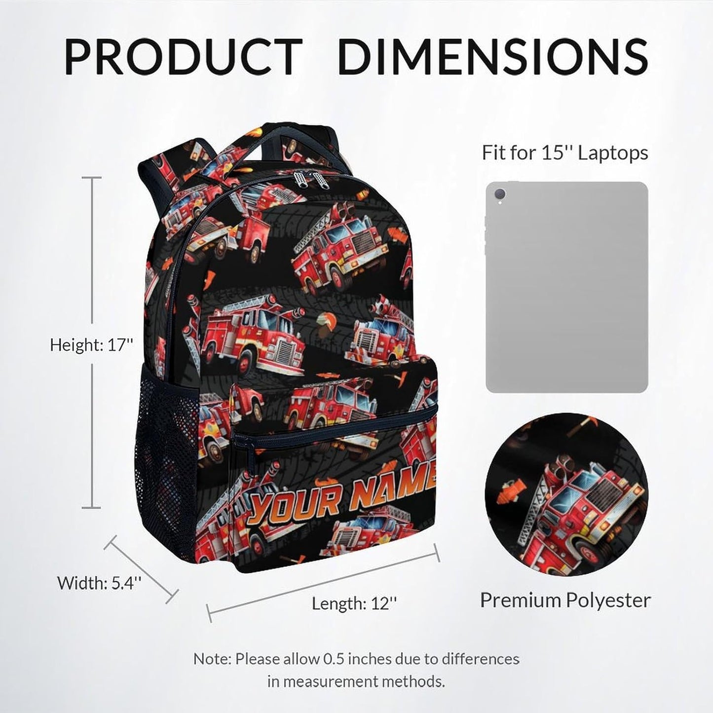 Toddler Boy Backpack - Personalized Fire Truck Backpacks with Name for Kids - Custom Toddler Bookbag for Son - Durable School Bag for Kindergarten/Preschool/Elementary(17 Inch)