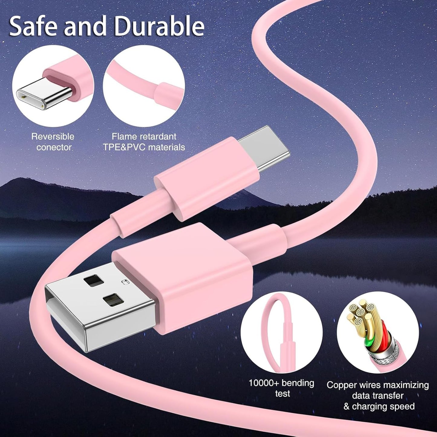 Pink Car Accessories USB C Cable 3ft iPhone 16 Charging Cord Cute USB A to C Fast Charging For iPhone 17 Air 15 Pro Max/16 Plus, iPad Air Pro, Samsung Galaxy Z Flip 7/6/5/4/Z Fold SE/A16/A15/A54 2Pack