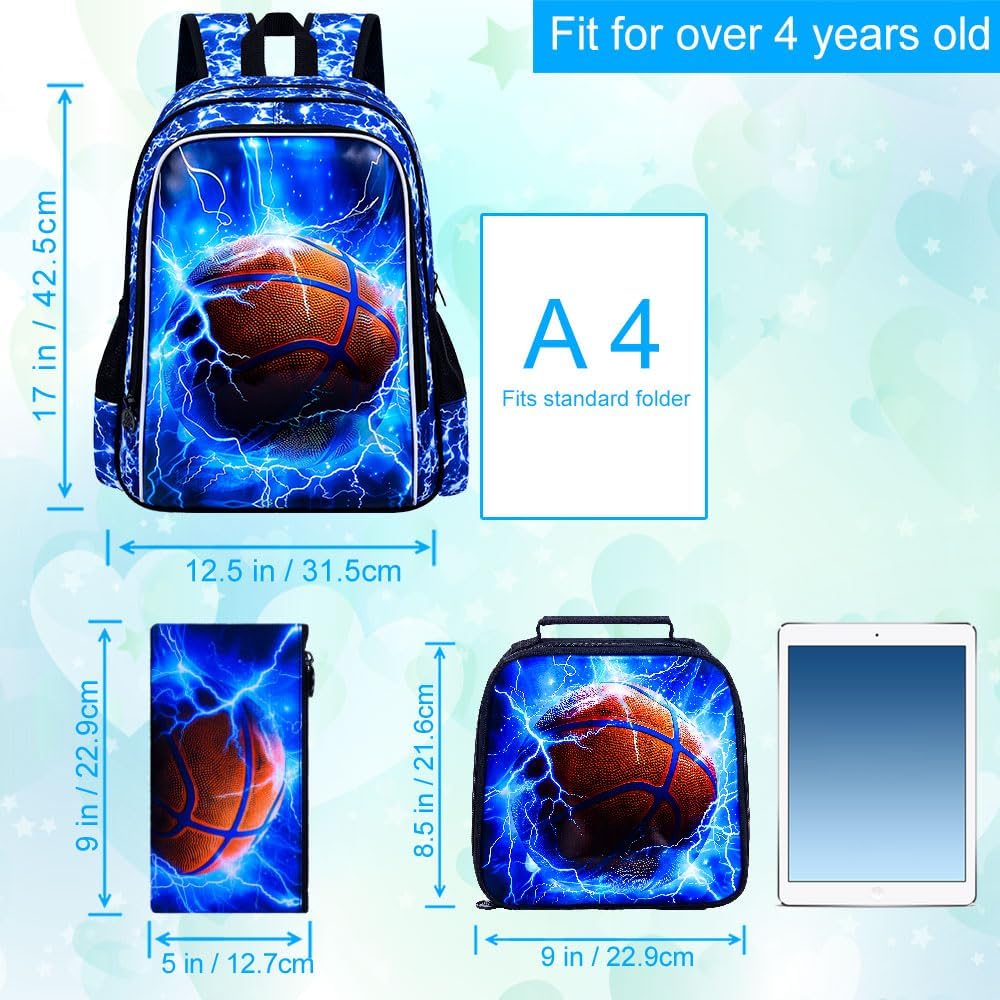 UFNDC 3PCS Kids Basketball Backpack, Boys Lightning School Bag with Lunch Box, 17" Water Resistant Bookbag for Teenagers Elementary Middle