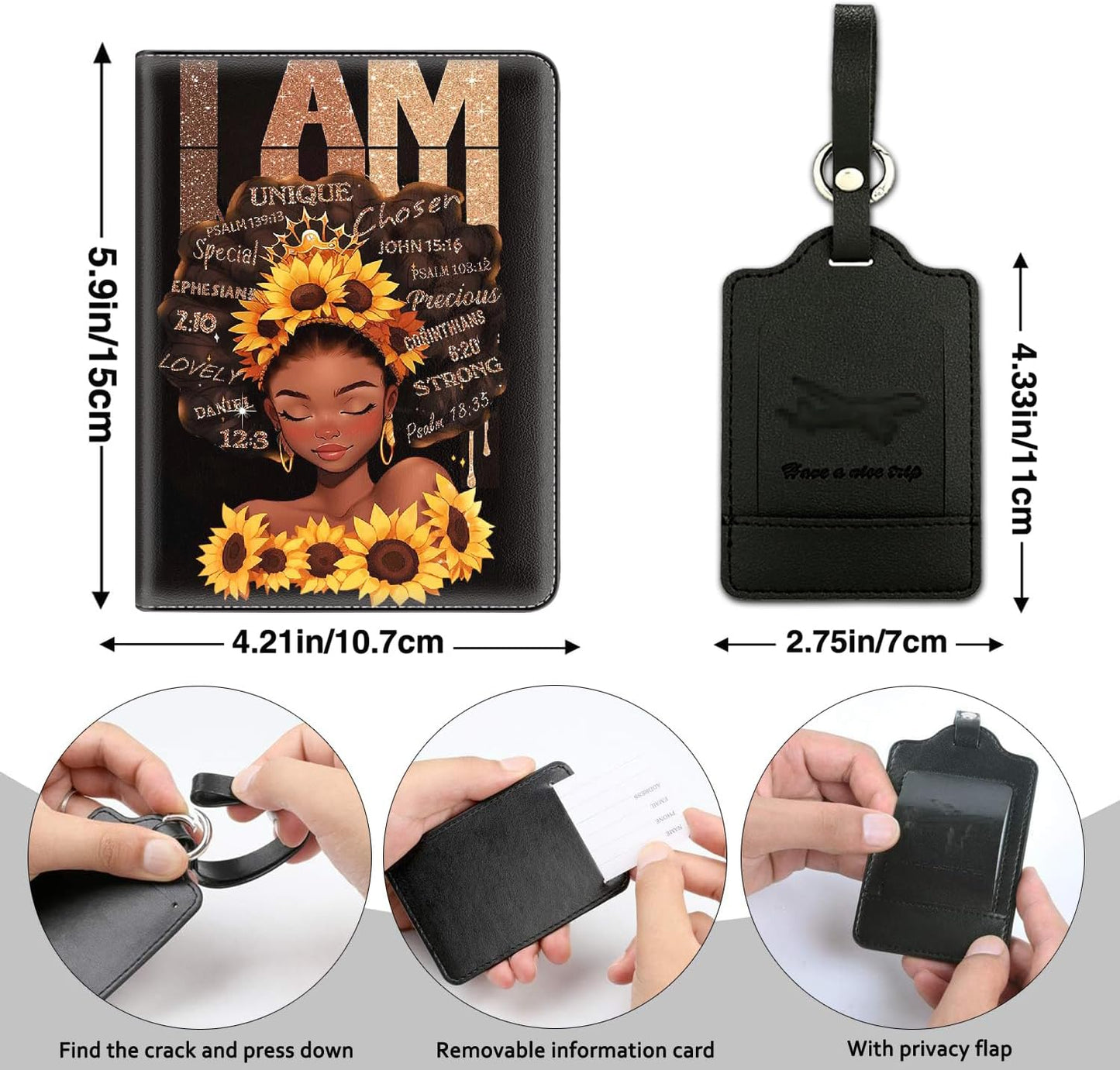 Passport Holder Women Wallet with Luggage Tag, Leather Passport Cover with RFID Blocking, Travel Accessories Multi Card Slot Passport Case for Men，Afro Woman Sunflower