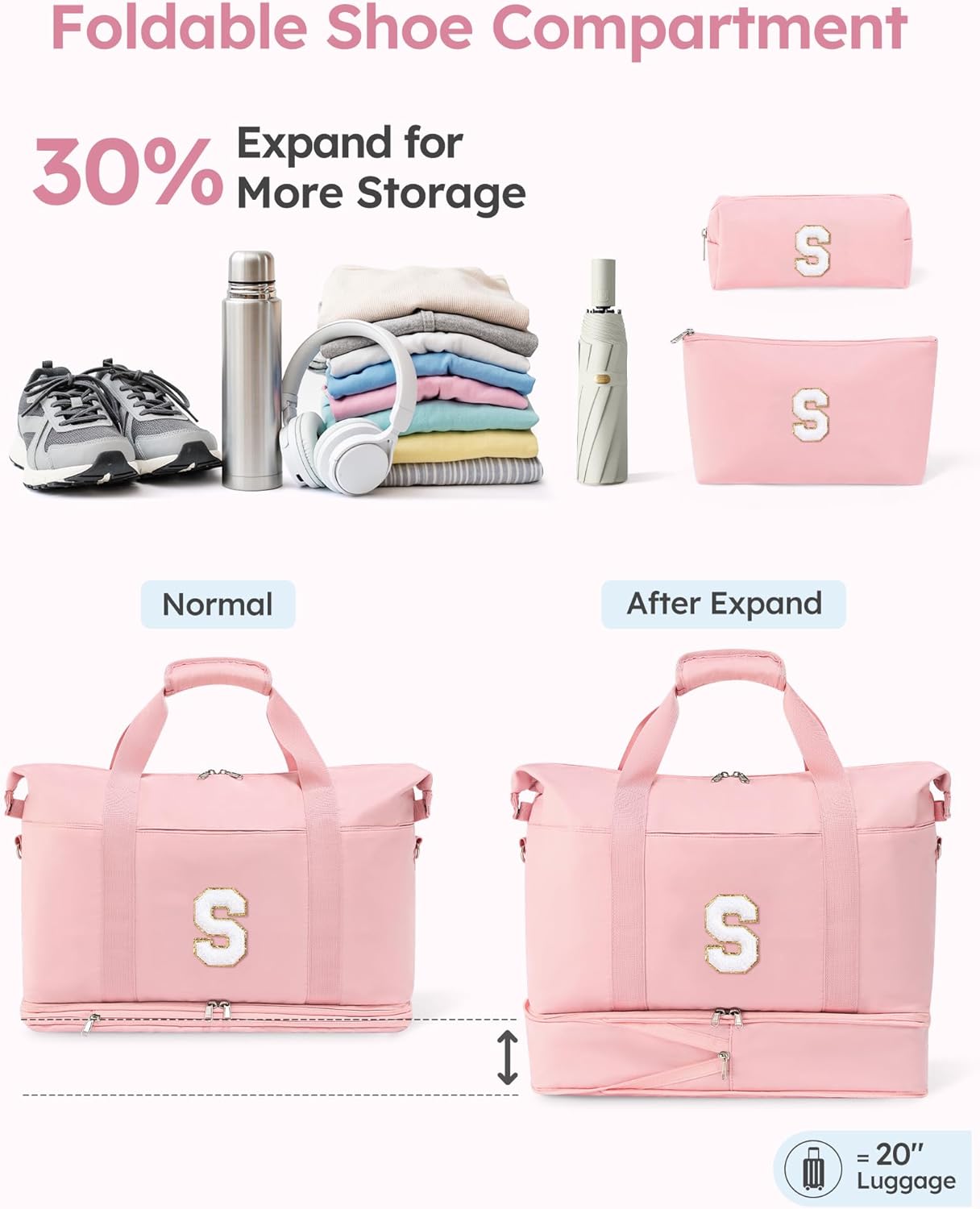 Personalized Initial Travel Duffle Bag for Women, Dance Bags with Foldable Shoe Compartment, Carry-On Weekender Duffel, Gifts for Teenage Girls, Water Resistant, Pink Letter S