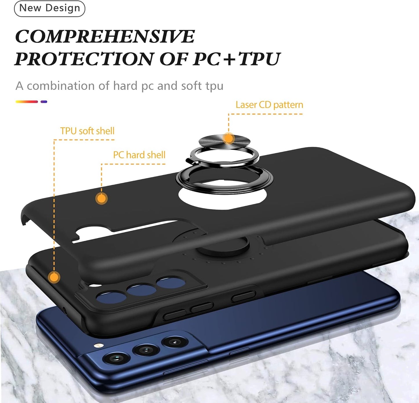 for Galaxy S21 FE 5G Case with Nano Explosion-Proof Film - 2 Pack Military Grade Double Shockproof Invisible Kickstand Case - Black