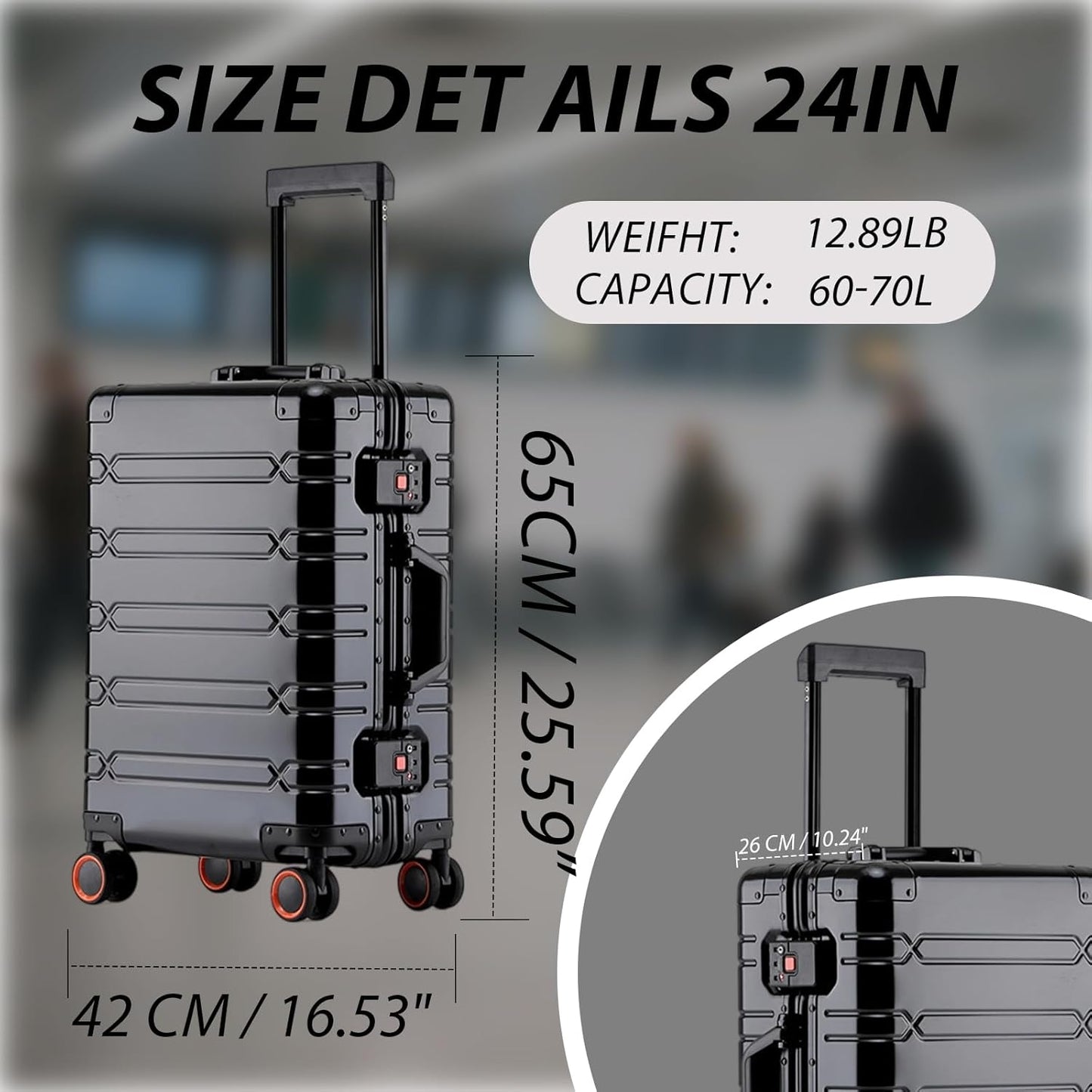 Tmore Aluminum Frame Luggage with Spinner Wheels, with TSA Locks Hard Shell Suitcase, Business 24" Black M