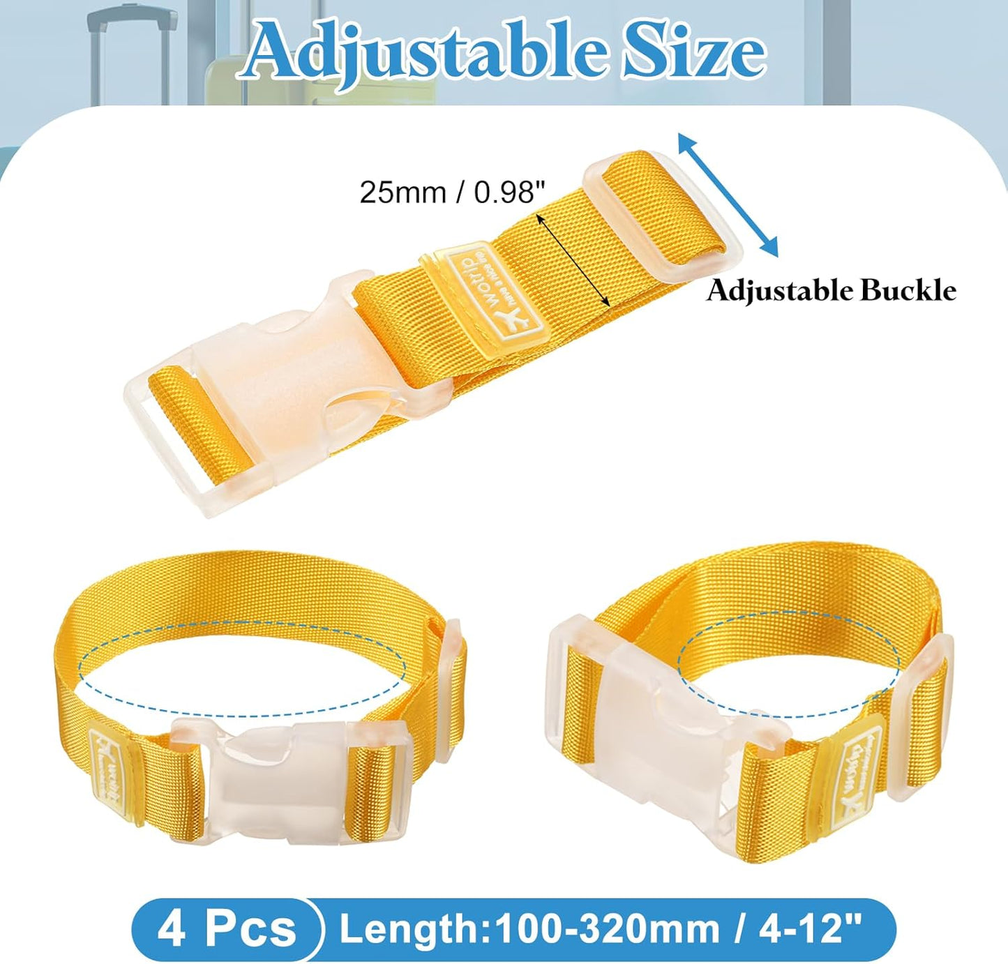 uxcell 4Pcs Add A Bag Luggage Strap, 4-12 Inch Adjustable Suitcase Belt Travel Accessories, Luggage Connector for Carry-on Baggage, Yellow