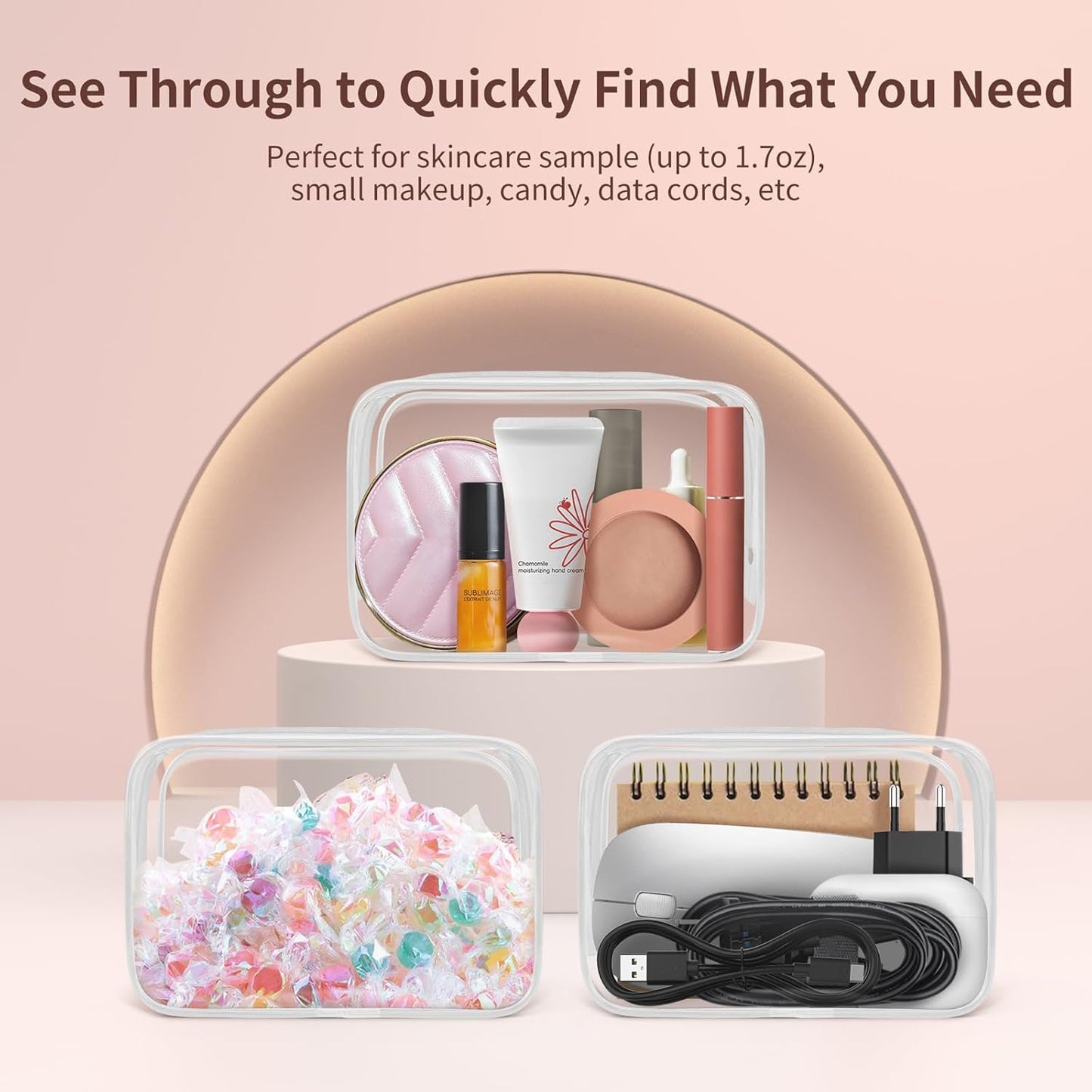 TISRATOK 12 PCS Clear Makeup Bag for Women with Zipper, TSA Approved Toiletry Pouch, Cosmetic Bag