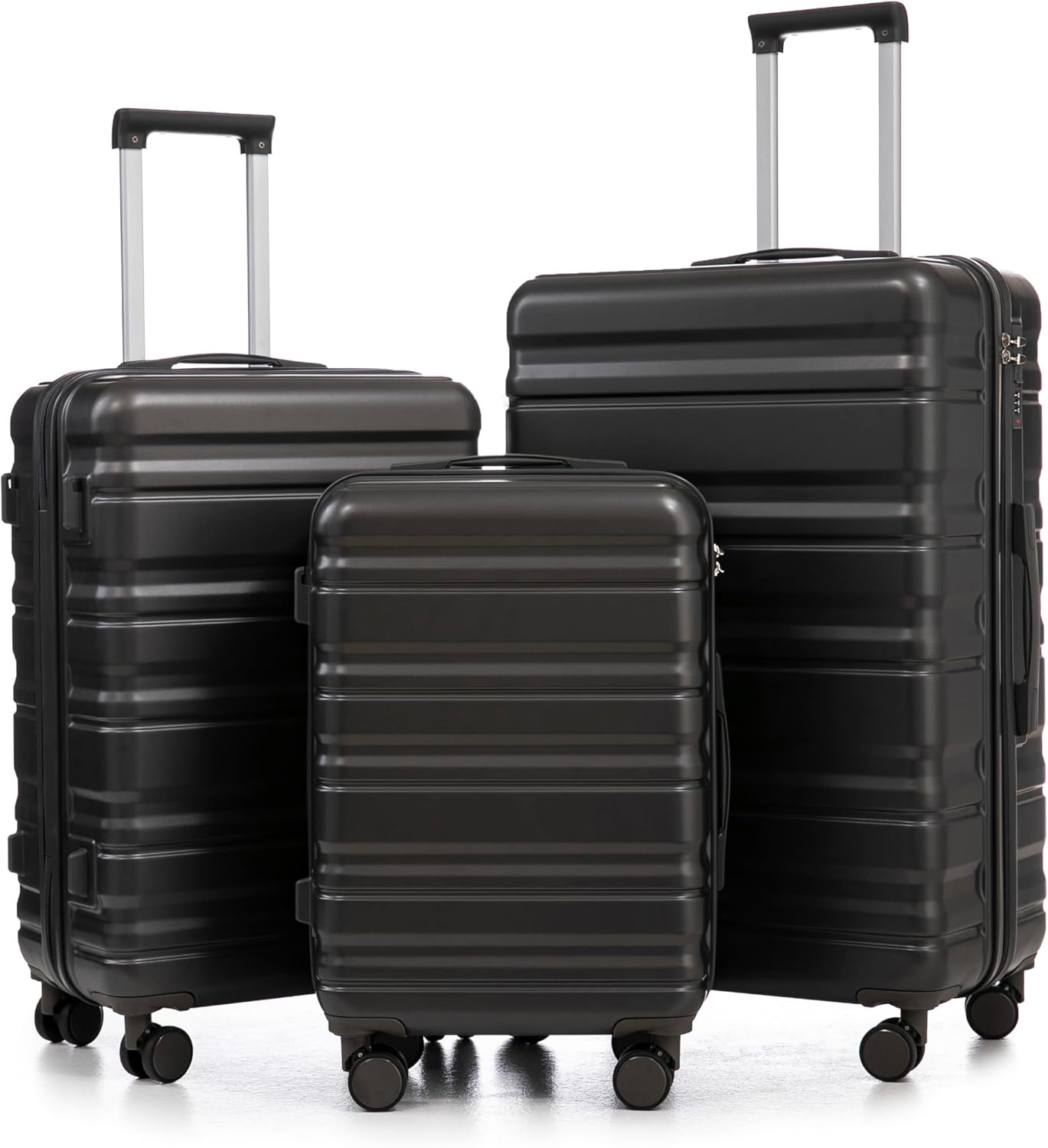 Campfun 3 Piece Luggage Sets, ABS Suitcase Set with Double Spinner Wheels Hang Hook, Durable Carry On Luggage with Combination Lock, 20/24/28 inch, Black