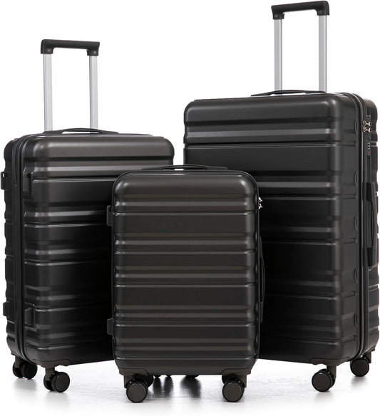 Campfun 3 Piece Luggage Sets, ABS Suitcase Set with Double Spinner Wheels Hang Hook, Durable Carry On Luggage with Combination Lock, 20/24/28 inch, Black