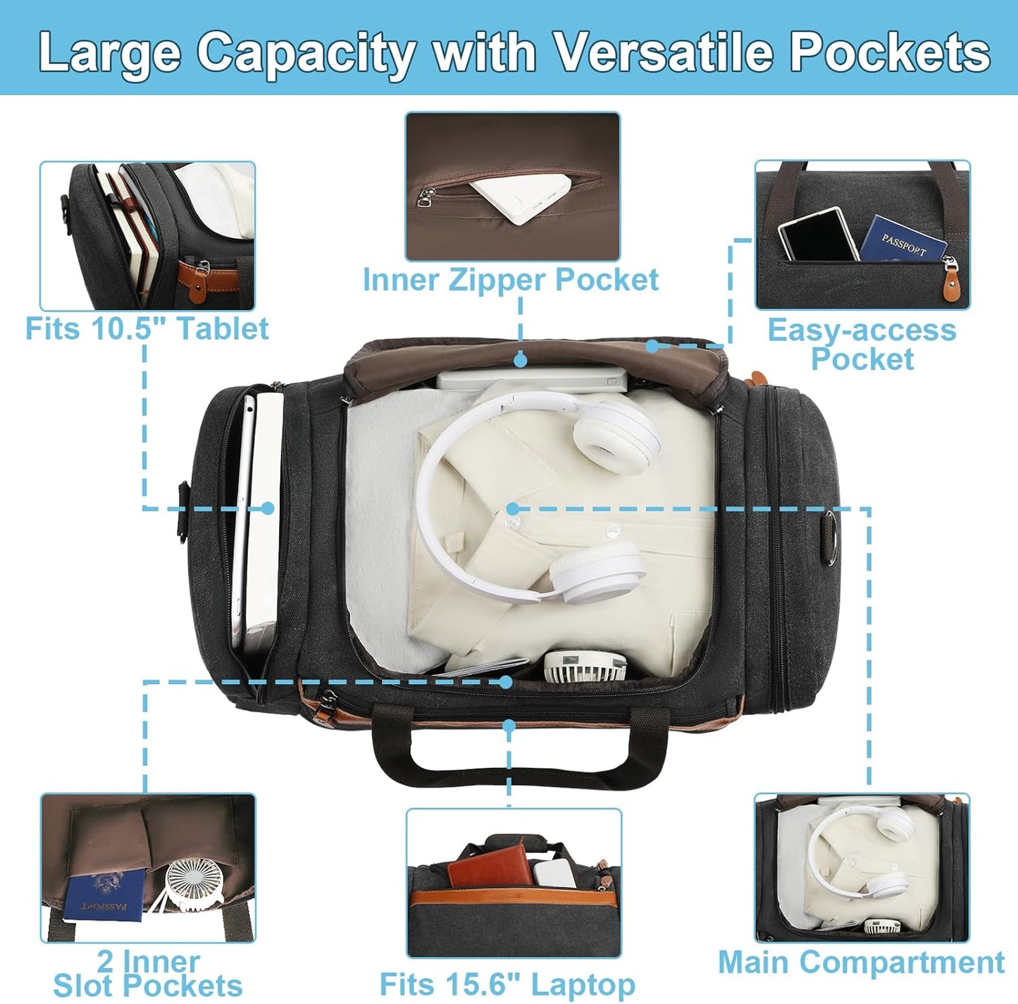 Canvas Travel Duffel Bag for Men - 21 Inch Expandable 47L Weekender Bags with Trolley Sleeve & Toiletry Bag, Overnight Carry On Luggage with Removable Shoulder Strap, Durable & Water-Resistant