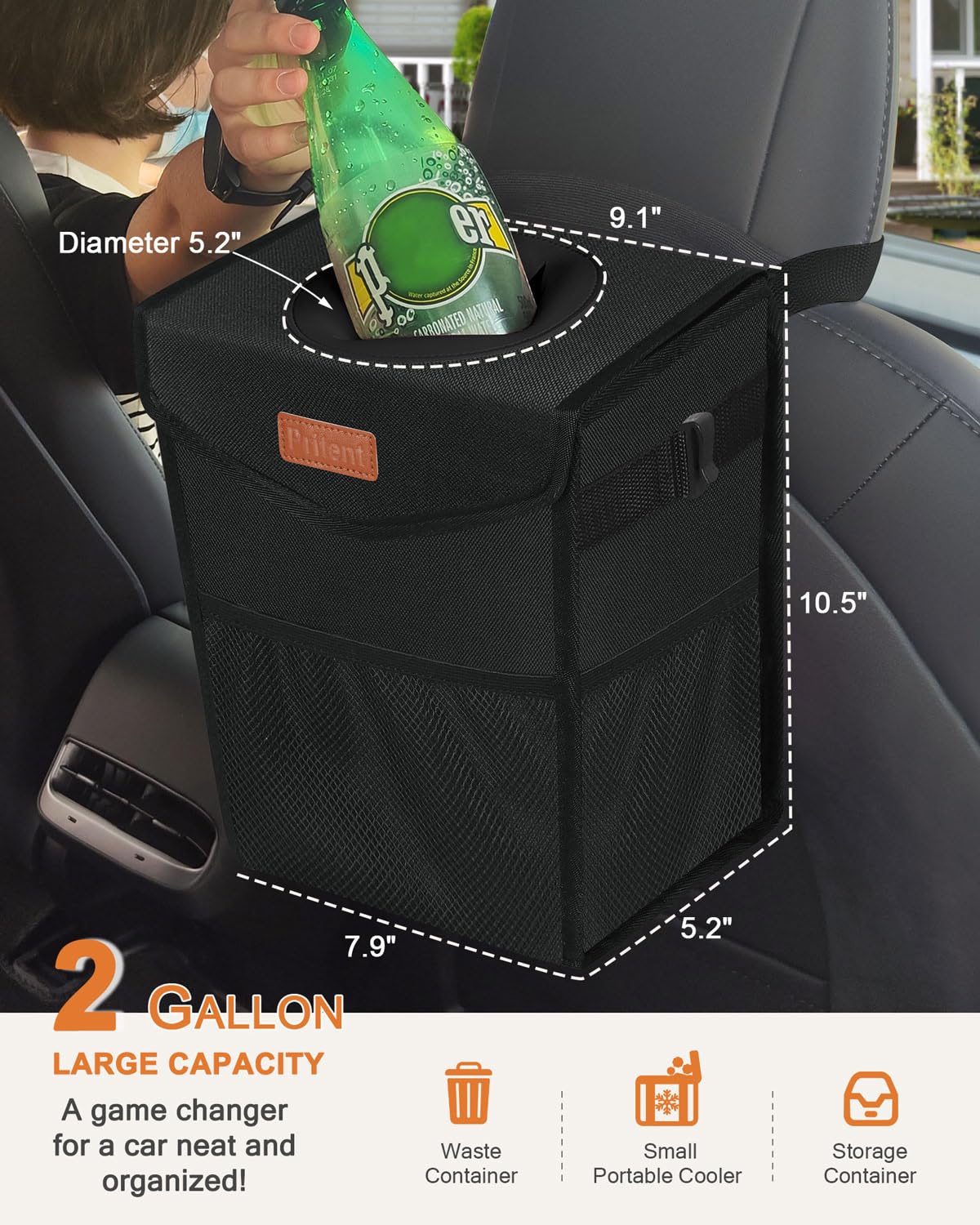 Pritent Car Trash Can with Lid Leakproof Car Garbage Bag Vehicle Trash Bin