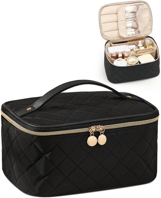 Prite Makeup Bag Portable Cosmetic Organizer with Brush Holder Waterproof Travel Toiletry Bag for Women with Handle and Divider (Black Rhombus)