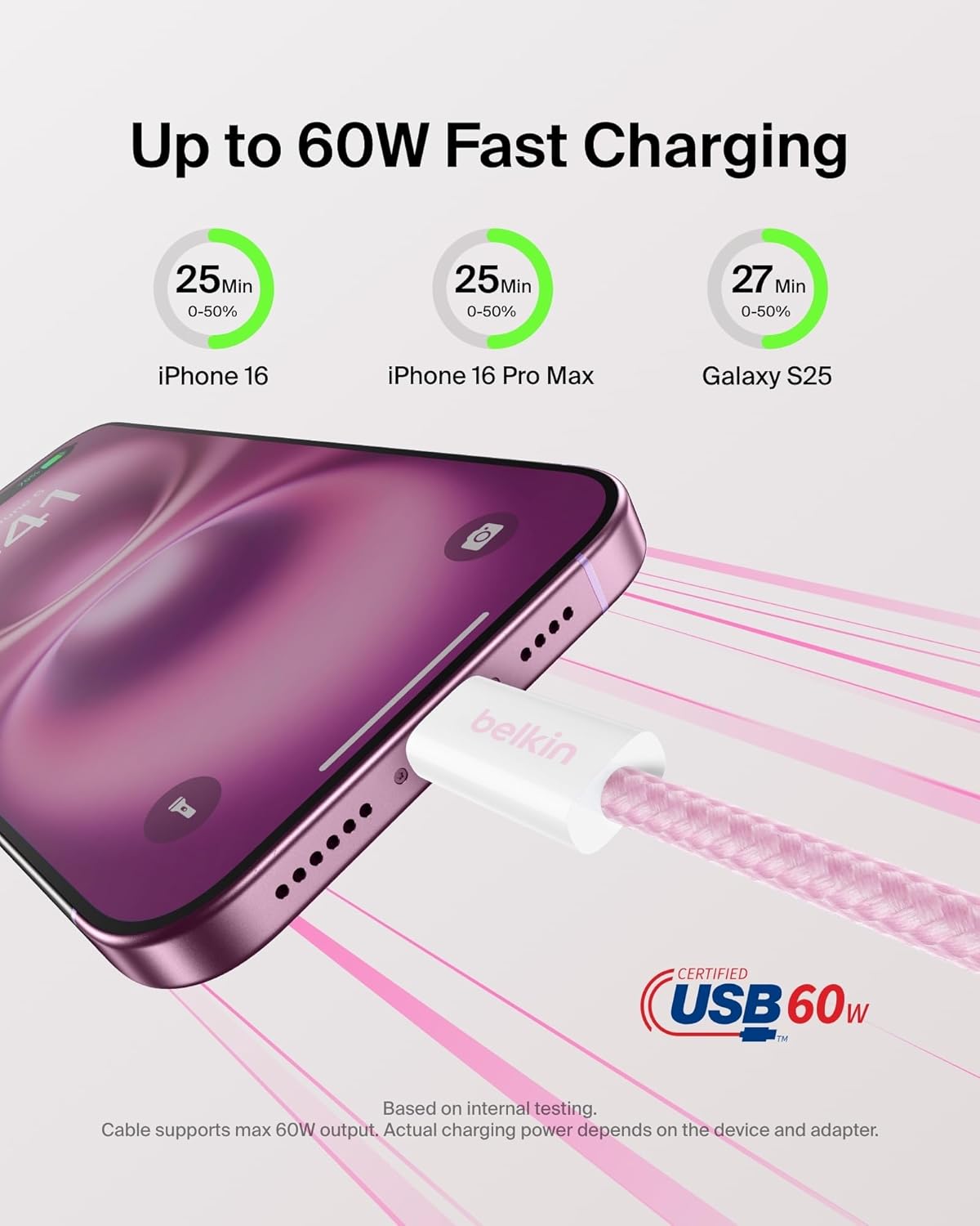 Belkin USB C to USB C Cable 2-Pack, 9.9ft, 60W - Type C Charger, iPhone Charger Cord, Soft, Braided, Flexible for iPhone 17, Galaxy S25, Pixel 10, Airpods, iPad Pro & More, Travel Essentials - Pink