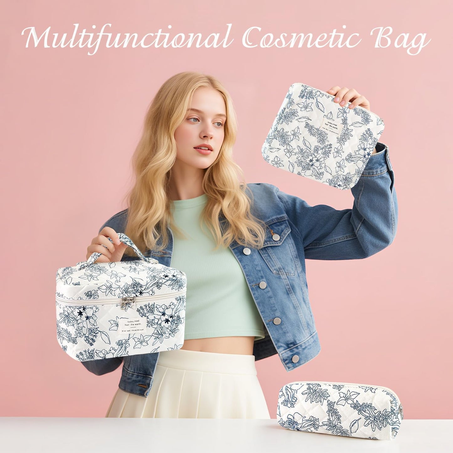 3Pcs Cotton Quilted Makeup Bag for Women Girls, Large Floral Cosmetic Bag Set Cute Makeup Brushes Aesthetic Accessories Storage Bag Flower Travel Toiletry Bag Organizer