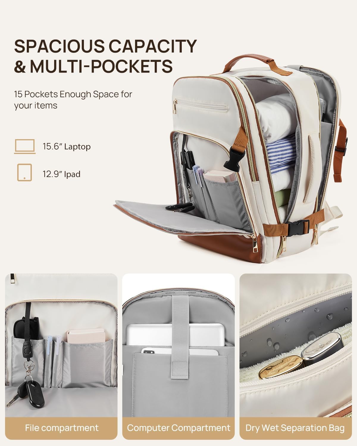 Telena Travel Backpack for Women, 15.6 inch Laptop Backpack TSA Carry on Backpack Personal Item Size Flight Approved Travel Bag Daypack with Multi-Pockets for Work, Travel, Business, Beige-Brown