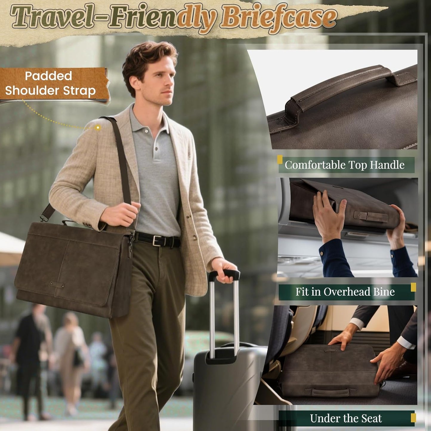 RAINSMORE Vintage Flap Messenger Bag for Men PU Leather Laptop Bag 15.6 Inch Mens Briefcase Waterproof Satchel Computer Bag