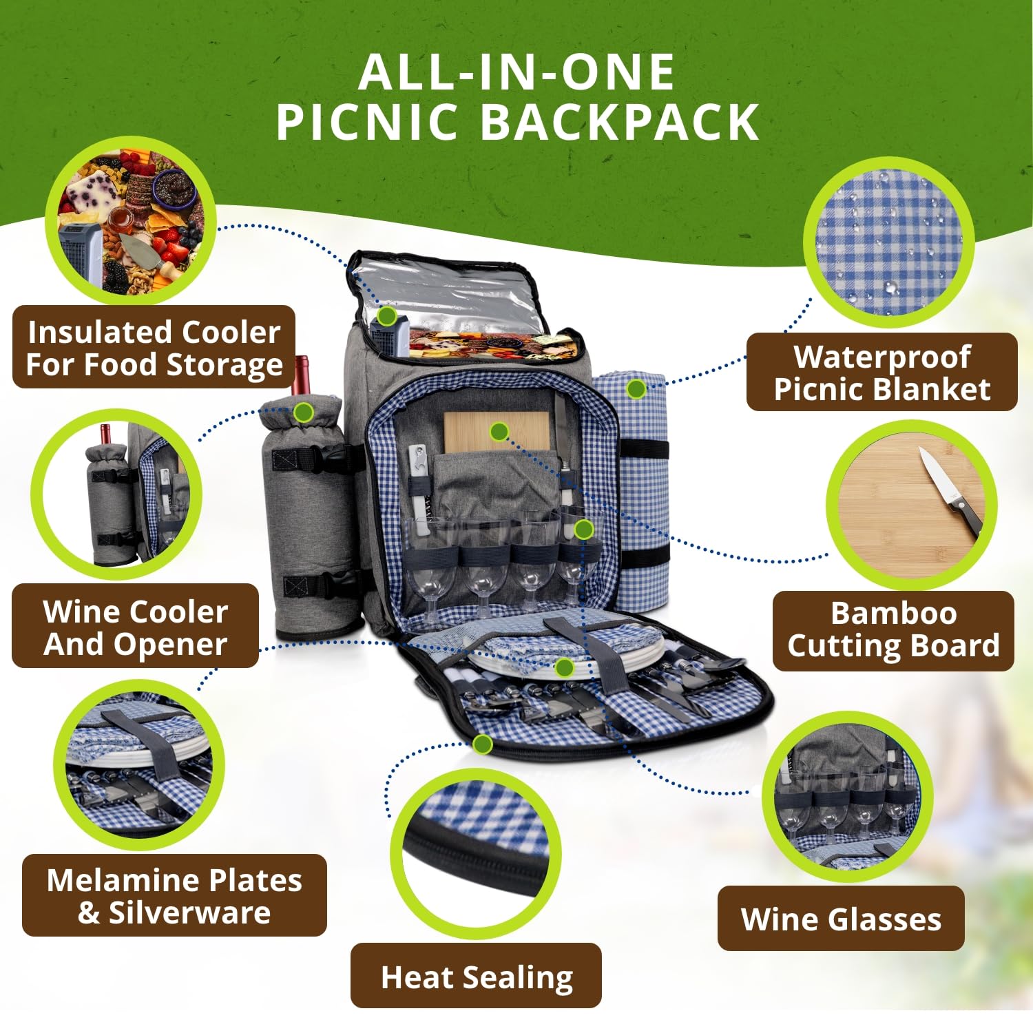 Nature Gear Picnic Backpack for 4, Insulated Picnic Set with Dinnerware, Wine Cooler, Blanket &
