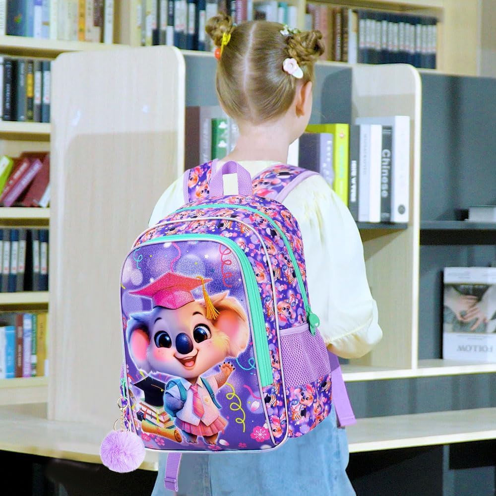 3PCS Koala Bookbag for Girls, 16" Kids Backpack with Lunch Box, Water Resistant Elementary Prechool Toddler Shool Bag - Purple Dr. Koala