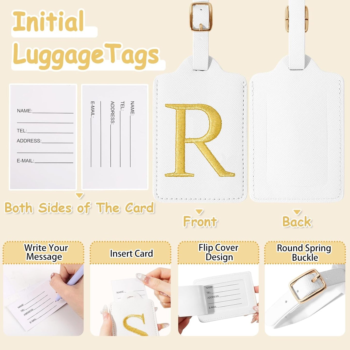 Personalized Initial Luggage Tags for Suitcases, Cute PU Leather Embroidered Letter Travel Luggage