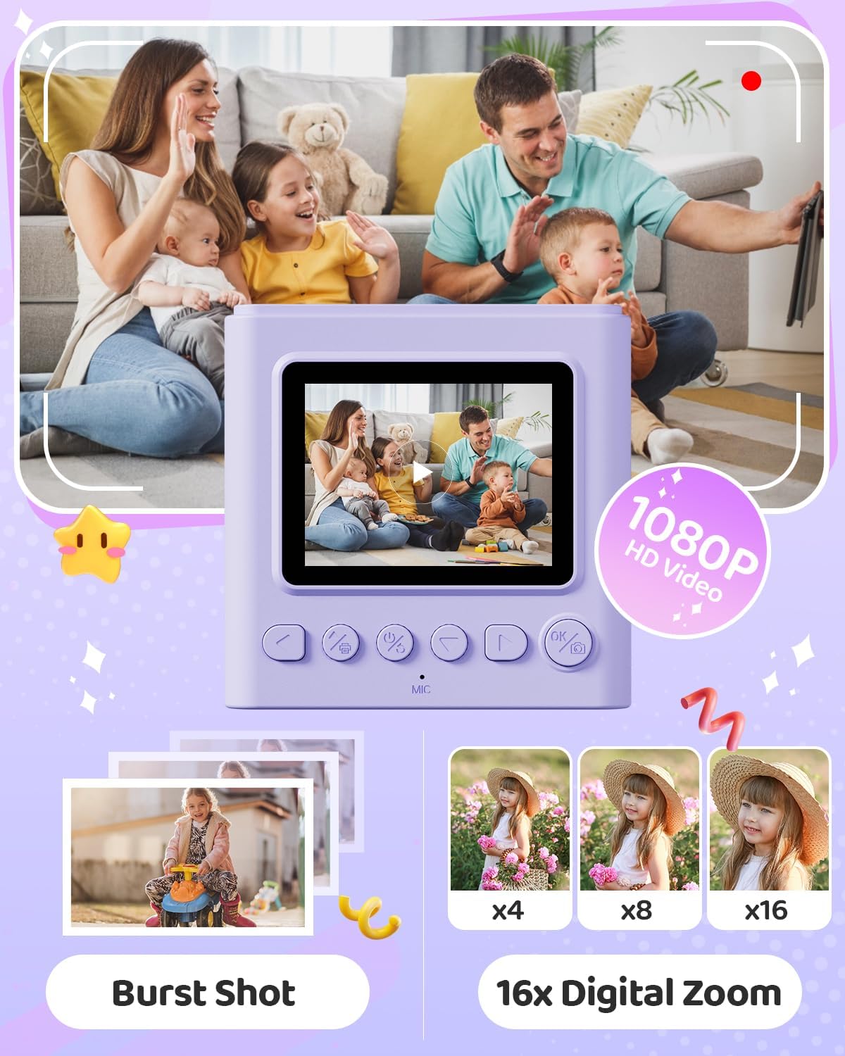 Kids Instant Print Camera, Christmas Birthday Gifts for Girls and Boys, 1080P HD Video Digital Kids Camera with Print Paper & 32G Card, Toddler Toy for 3-14 Years Old (Purple)