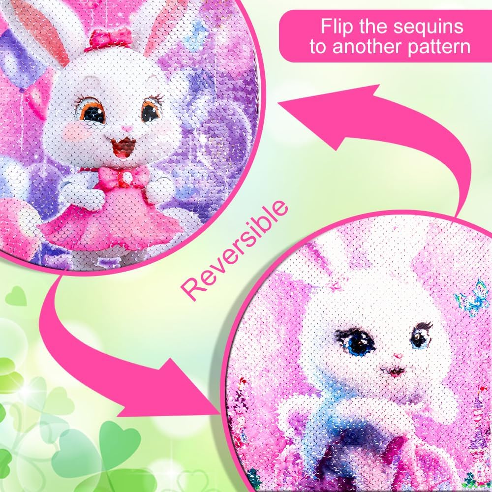16" Bunny Backpack, 3Pcs Girls Sequin Bookbag for Elementary Preschool Kindergarten, Kids School