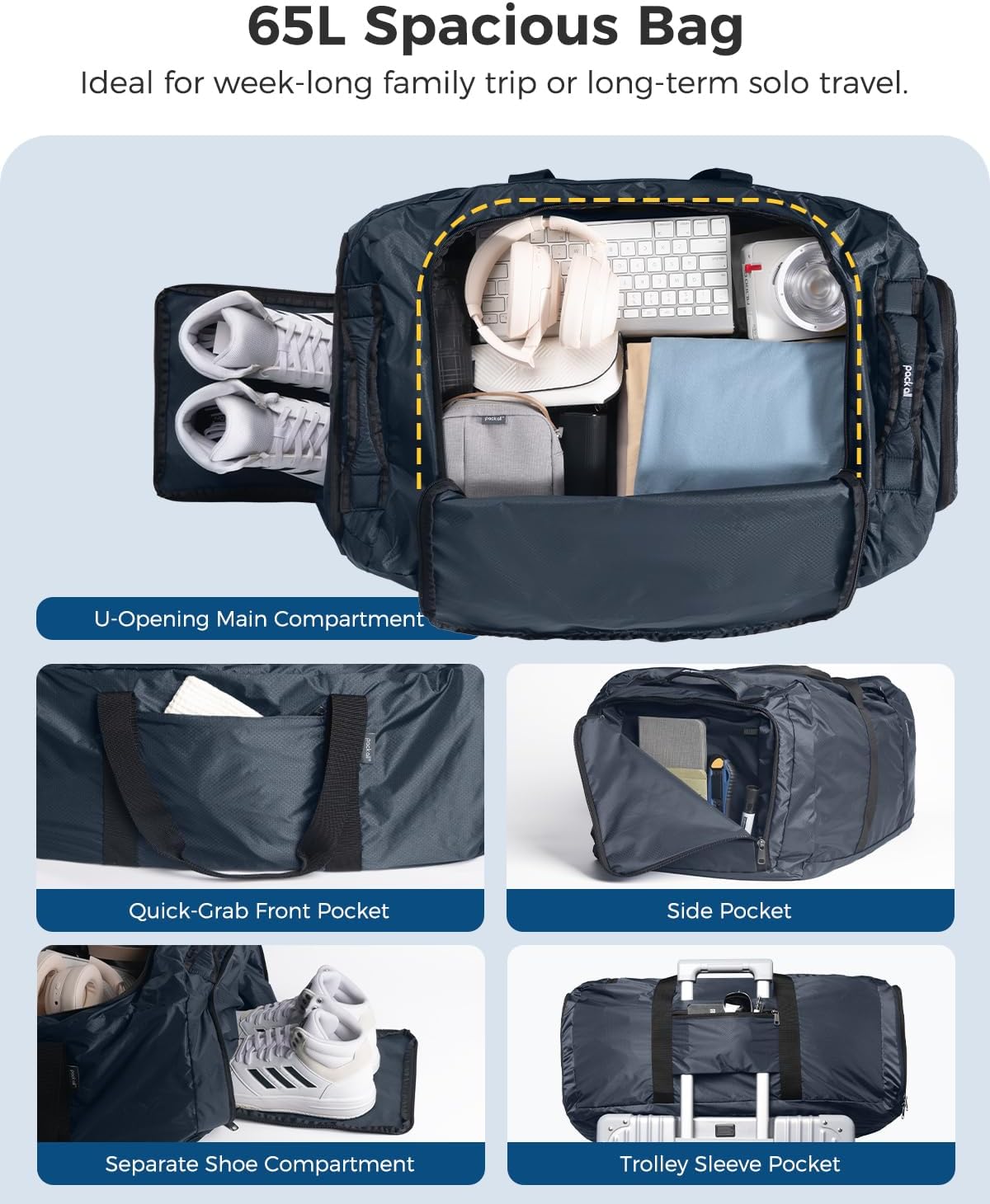 pack all 65L Foldable Travel Duffel Bag, Packable Weekender Bag with Shoe Compartment, Water-Resistant Gym Bag with Adjustable Strap for Overnight, Sports and Camping (Navy)