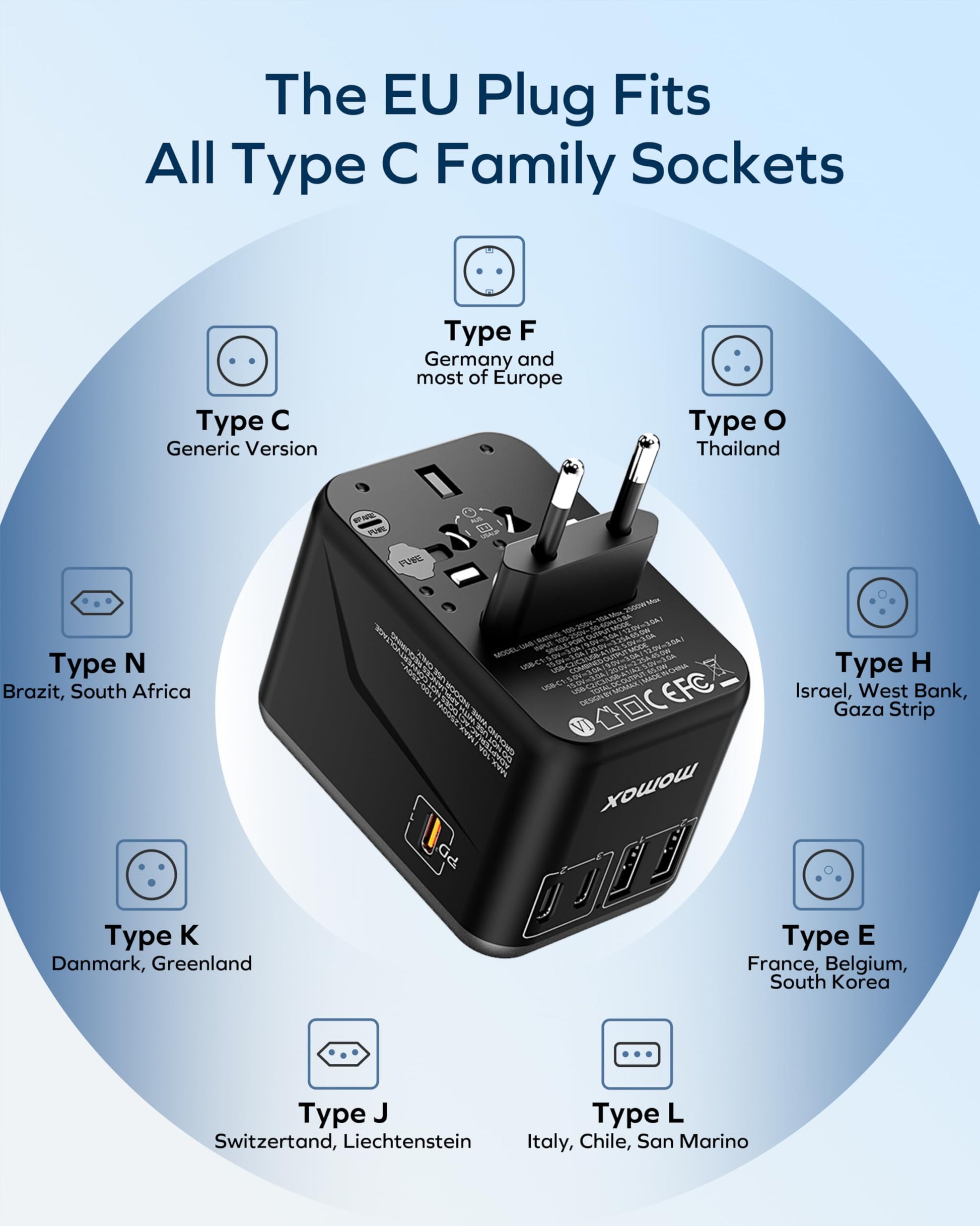 MOMAX Universal Travel Adapter 70W GaN, 3 USB-C PD & 2 USB-A QC, International Power Adapter