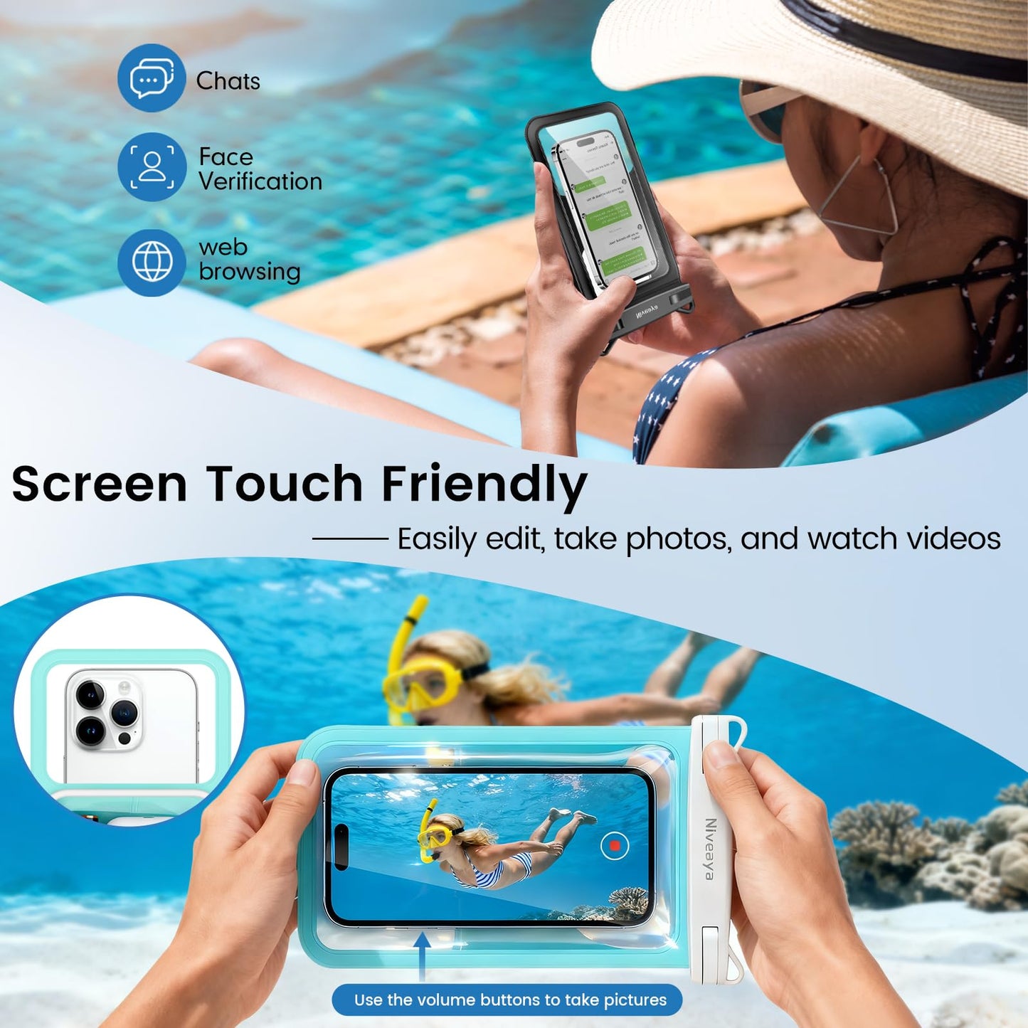 Niveaya 2 Pack IPX8 Waterproof Phone Pouch, Large Space Cell Phone Pouch Floating, Water Proof
