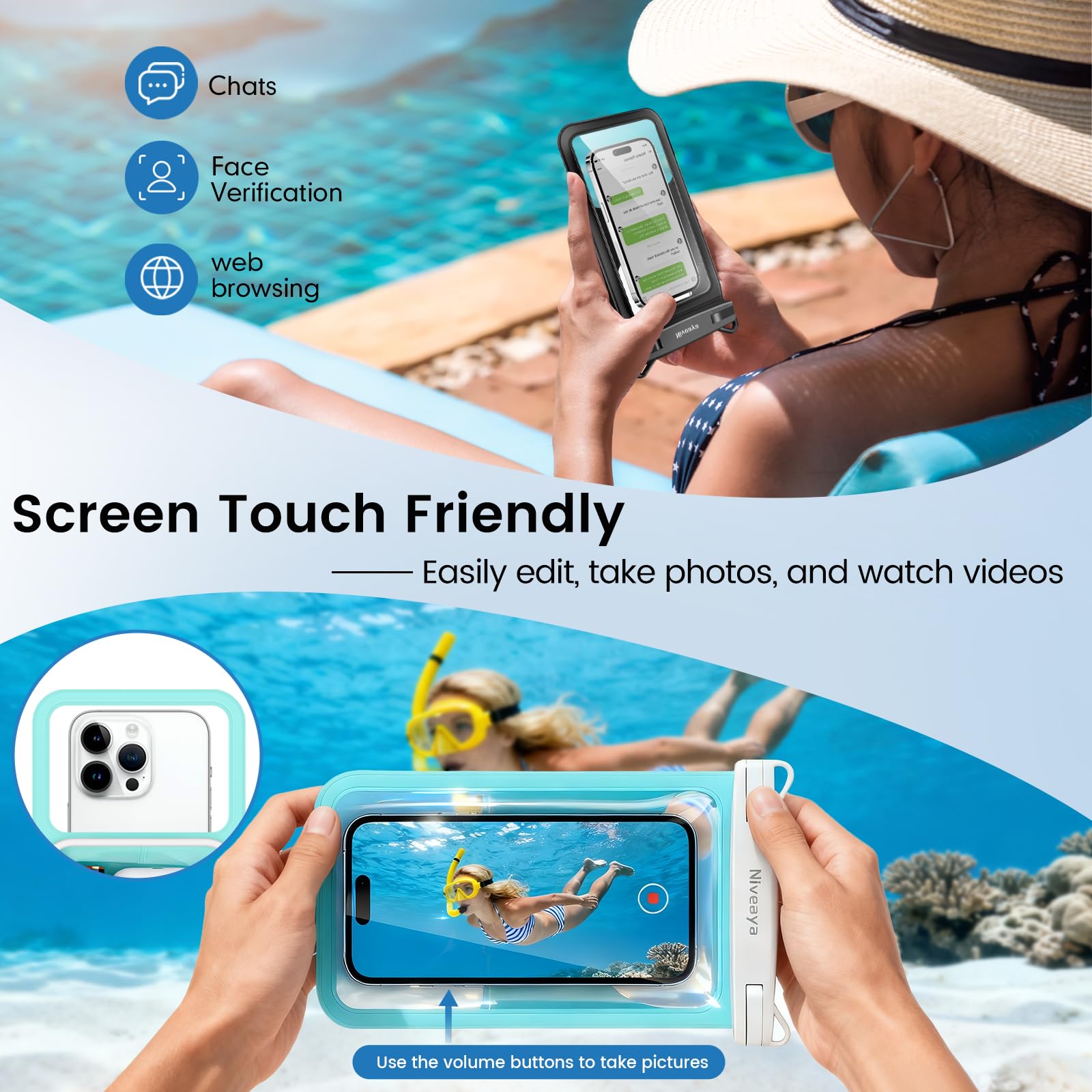Niveaya 2 Pack IPX8 Waterproof Phone Pouch, Large Space Cell Phone Pouch Floating, Water Proof
