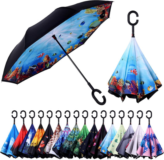 Inverted Umbrella, 49 Inch Double-Layer Vented Reverse Umbrella, Windproof Waterproof UV Protection, Lightweight C-Handle, Fiberglass Ribs, Steel Shaft, Travel/Commute/Car Use, With Sleeve