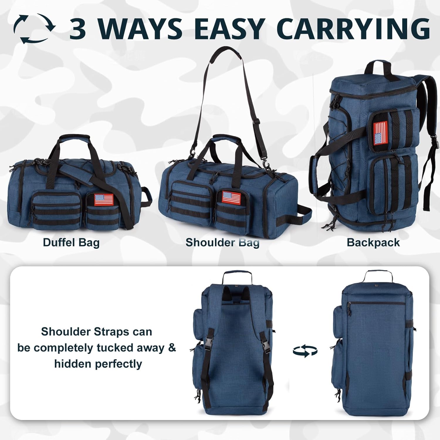 Tactical Gym Bag for Men，50L Large 3 in 1 Sports Duffle Bag with Shoes Compartment for Travel,Water