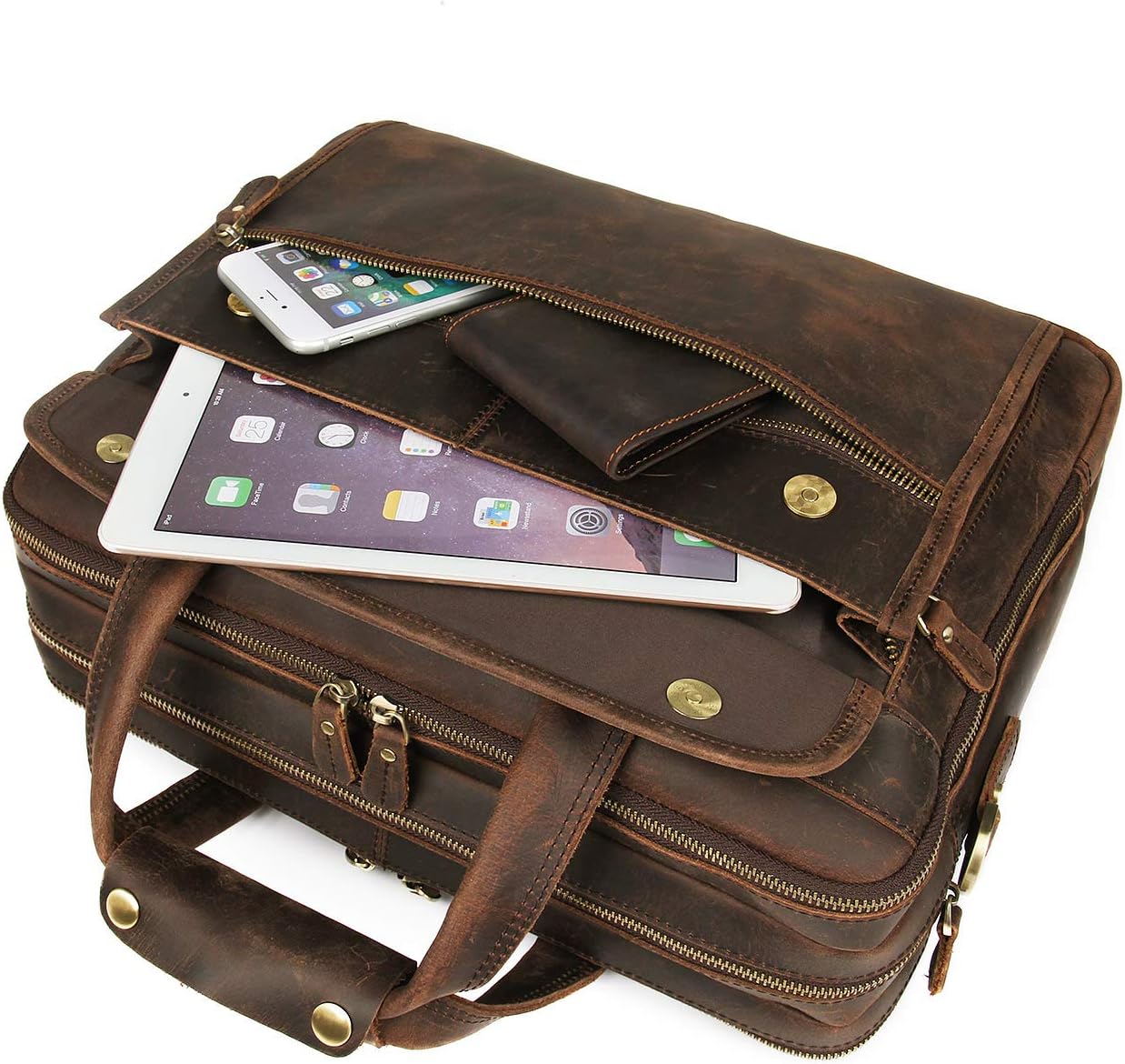 Augus Leather Briefcase for Men Business Travel Messenger Bags 15.6 Inch Laptop Bag YKK Metal