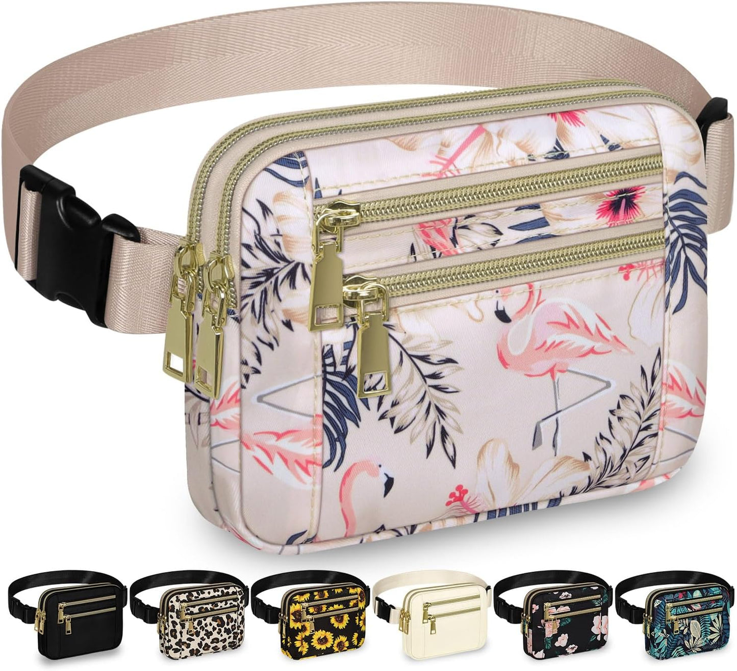 Capolo Fanny Packs for Women Fashion Waist Packs Bag with Adjustable Strap and 4 Zipper Pockets Waterproof Everywhere Crossbody Belt Bag for Workout Running Travelling(Flamingo, Large)