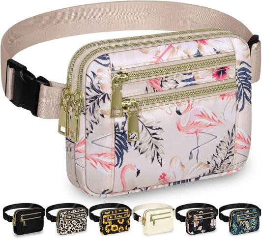Capolo Fanny Packs for Women Fashion Waist Packs Bag with Adjustable Strap and 4 Zipper Pockets Waterproof Everywhere Crossbody Belt Bag for Workout Running Travelling(Flamingo, Large)