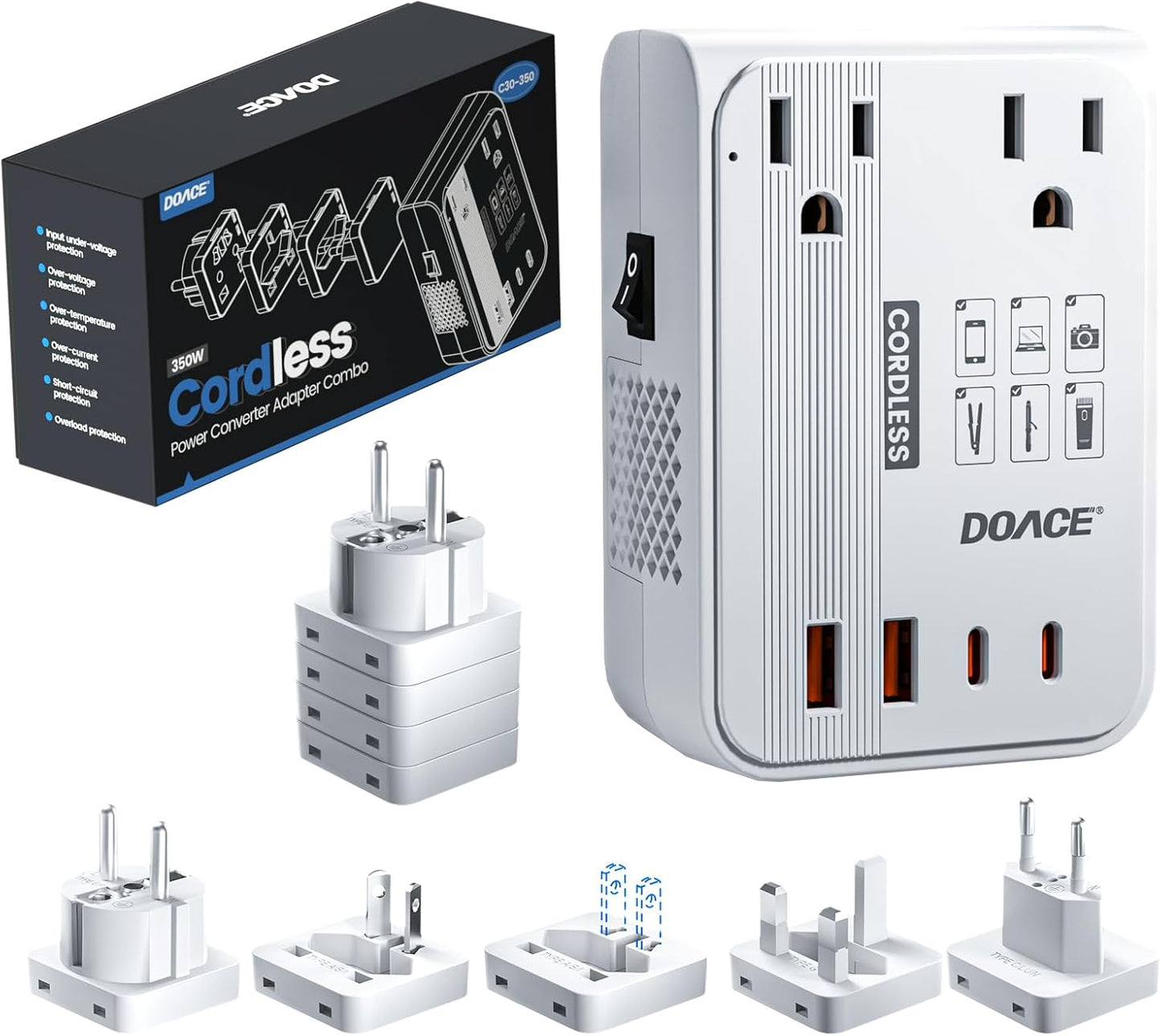 DOACE 220V to 110V Converter for European Travel - 350W Cordless Voltage Converter US to Europe, Power Converter Adapter Combo with PD Chargers for Hair Straightener Shaver Toothbrush Laptop Phone