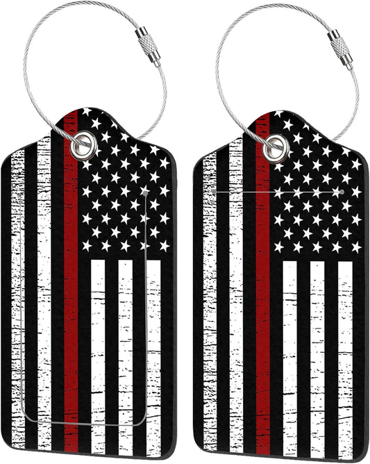 2 Pack Luggage Tag for Suitcase,Flag of USA with Red Line PU Leather Suitcase Tags Identifiers with Privacy Name Address Labels and Durable Steel Loop for Women Men Travel