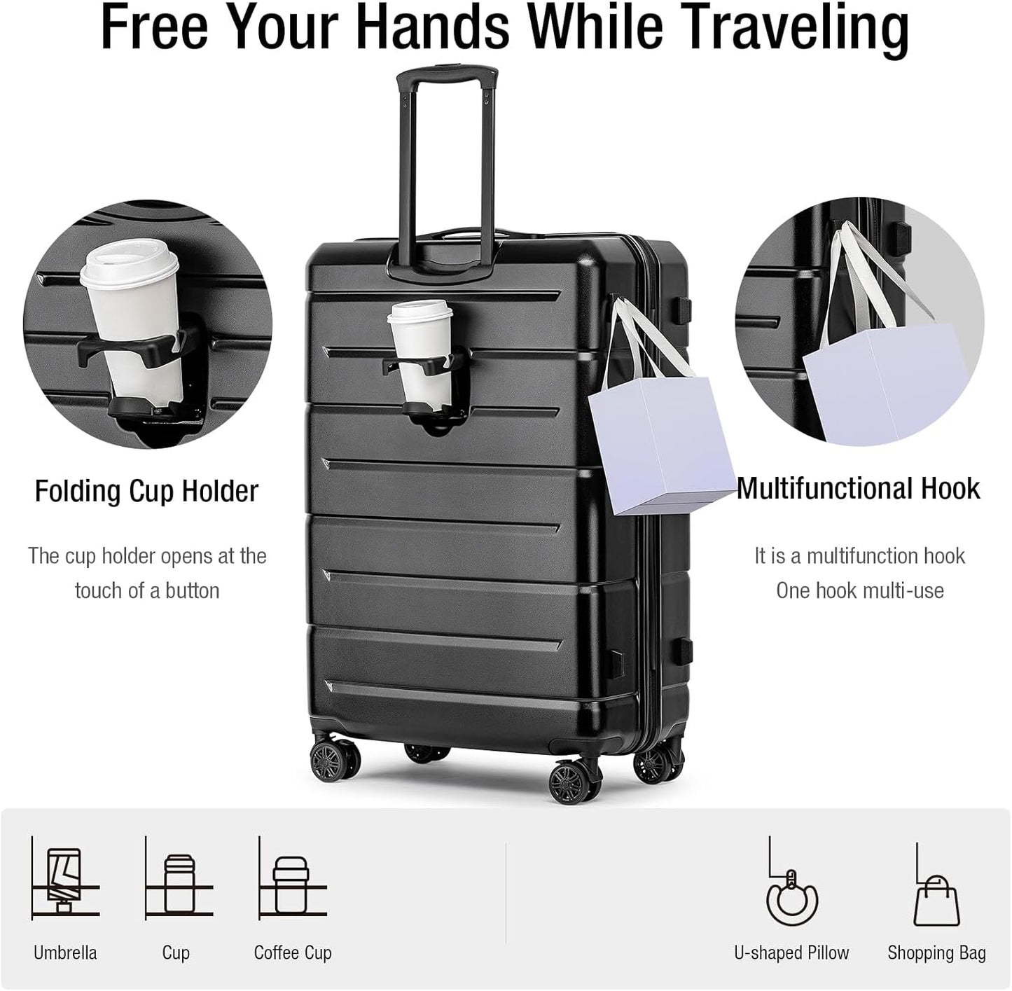 KYME Luggage Sets 3 Piece Hard Shell 22in/26in/30in Suitcases with Wheels Hardside Suitcase Set with TSA Lock Travel Rolling Luggage Set for Women Men Black