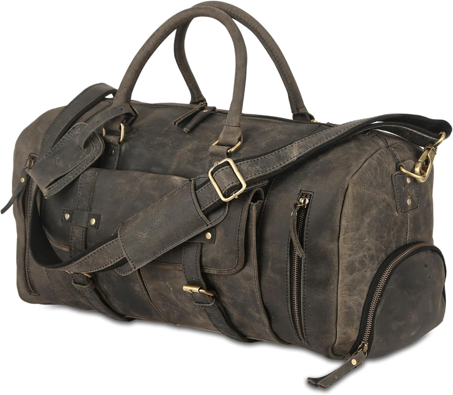 KomalC 24 Inch Leather Duffel Bags for Men and Women Full Grain Leather Travel Overnight Weekend Leather Bags Sports Gym Duffle for Men (Charcoal Black With Shoe Pocket), Brown