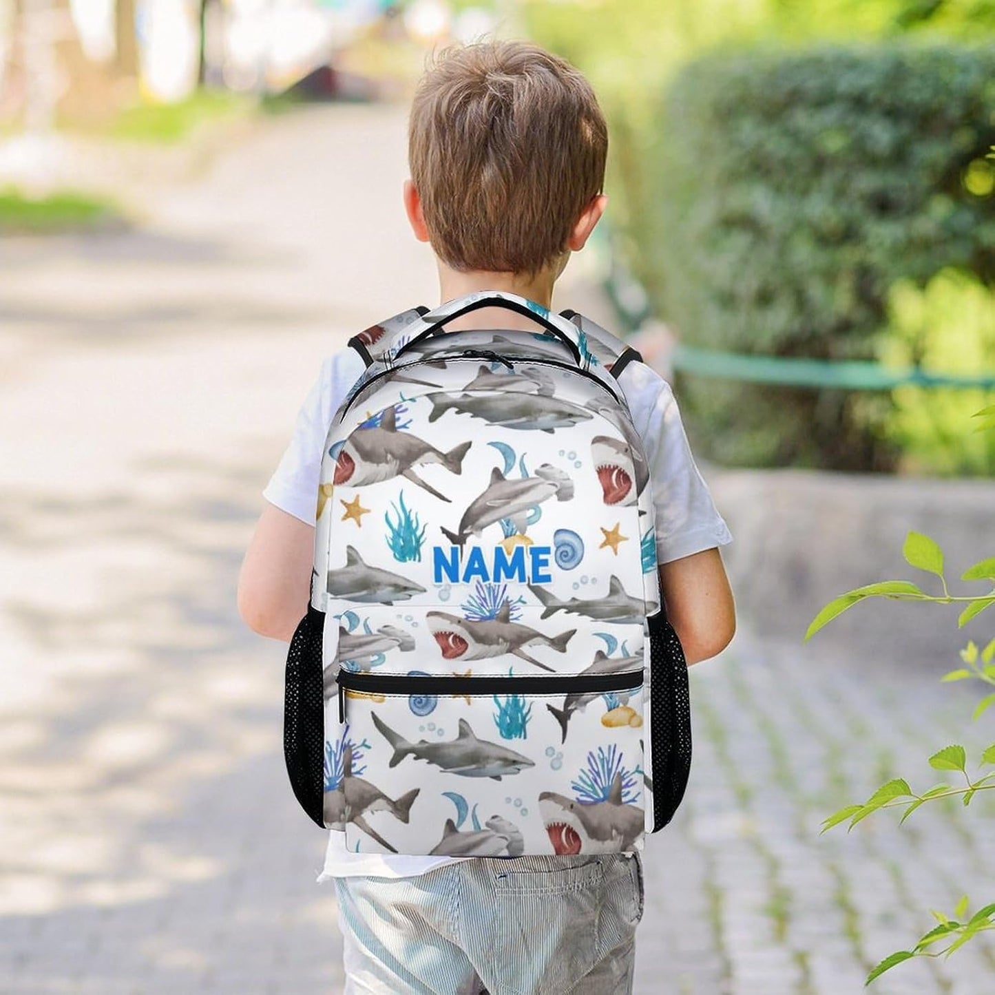 Custom Shark Backpacks for Boys, Large Capacity Backpack for School, Cute White Lightweight Bookbag