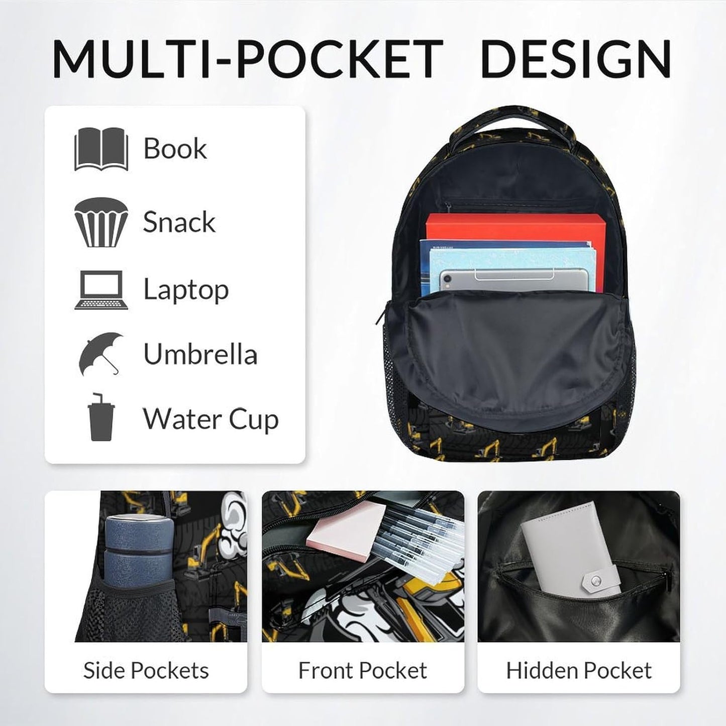 Backpack for Boys - 17 Inch Custom Digger Bookbag for Kids - Personalized Cool Excavator School Bag for Primary Middle