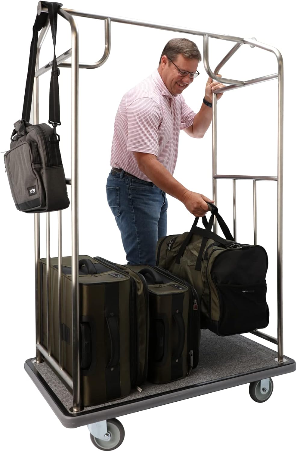 Value Valet Luggage Cart – Brushed Stainless Steel Bell Cart w/ 5" Rubber Wheels – Hotel Luggage Trolly for Travel & Outdoor Use – For Condos, Resorts, & Airports - 800 lb