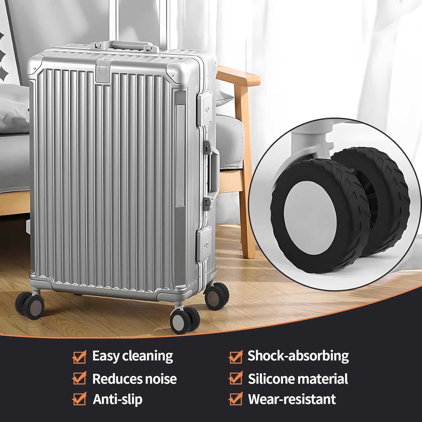 Luggage Wheel Covers for 8 Spinner Wheels – Gray Silicone Protector Set, Anti-Drop & Silent Rolling, Fits 2.1"-2.4" Wheels, 10pcs for Carry-On Suitcases, Travel Luggage, Rolling Cases