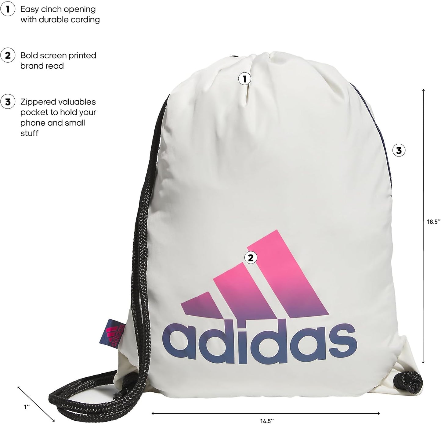 adidas Ready Sackpack – Drawstring Backpack Lightweight Small Gym Bag, Off White/Pulse Magenta Pink/Preloved Ink Blue/1.0, One Size