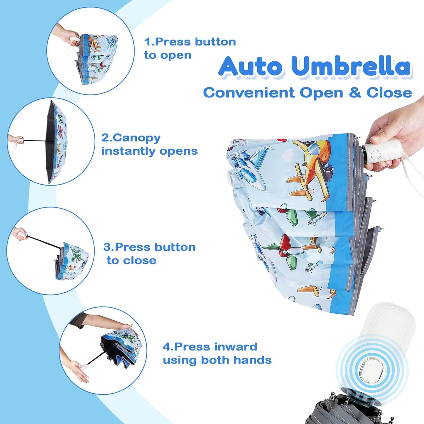 Autoamtic Kids Umbrella UV Resistant, Folding Compact Umbrella 360° Reflective Strip for Travel Outdoor, Lightweight Cute Kids Parasol Anti-rebound Safe for Toddler