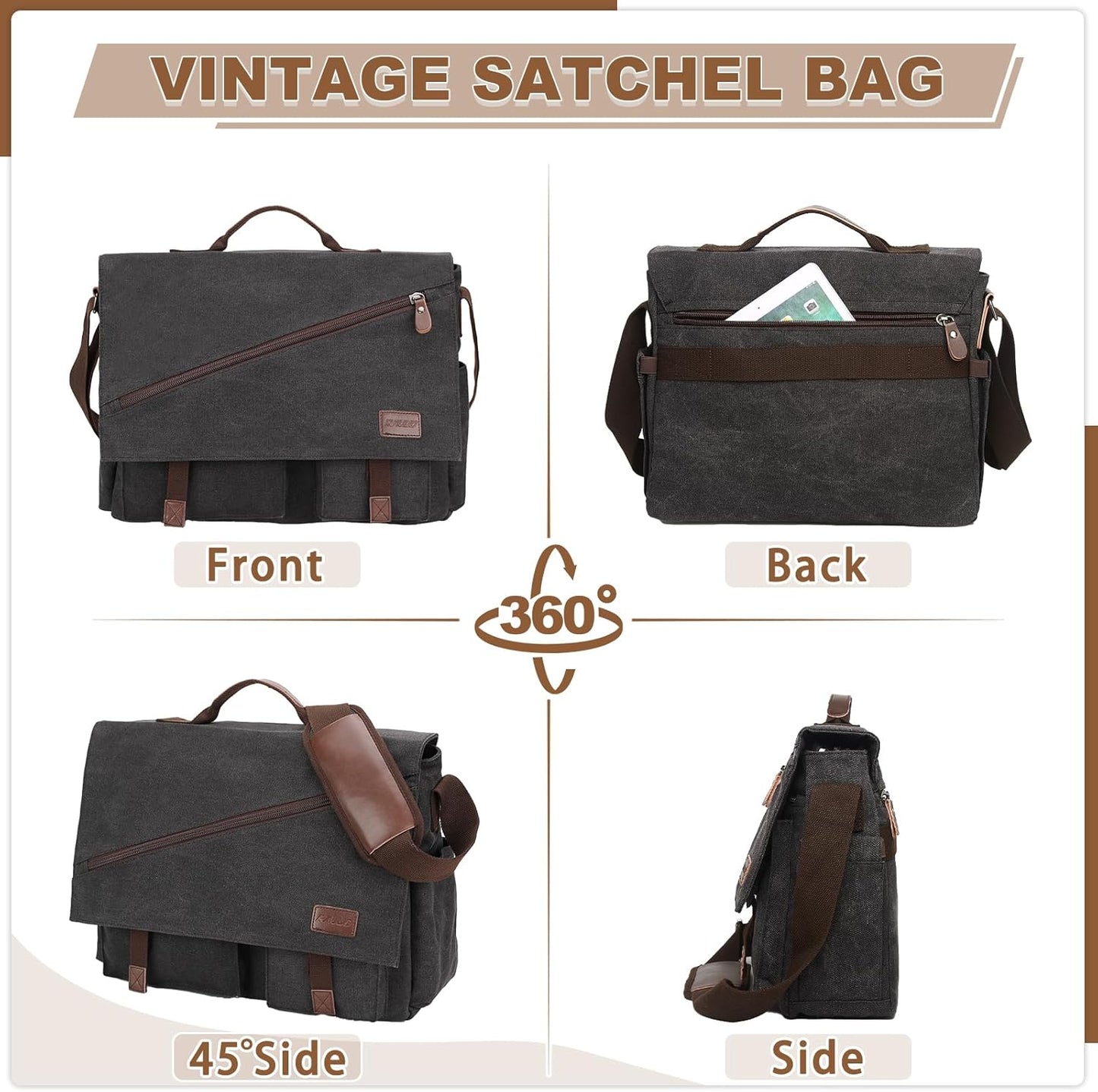 Messenger Bag for Men,Water Resistant Canvas Satchel 14 15.6 17 Inch Laptop Briefcases Business