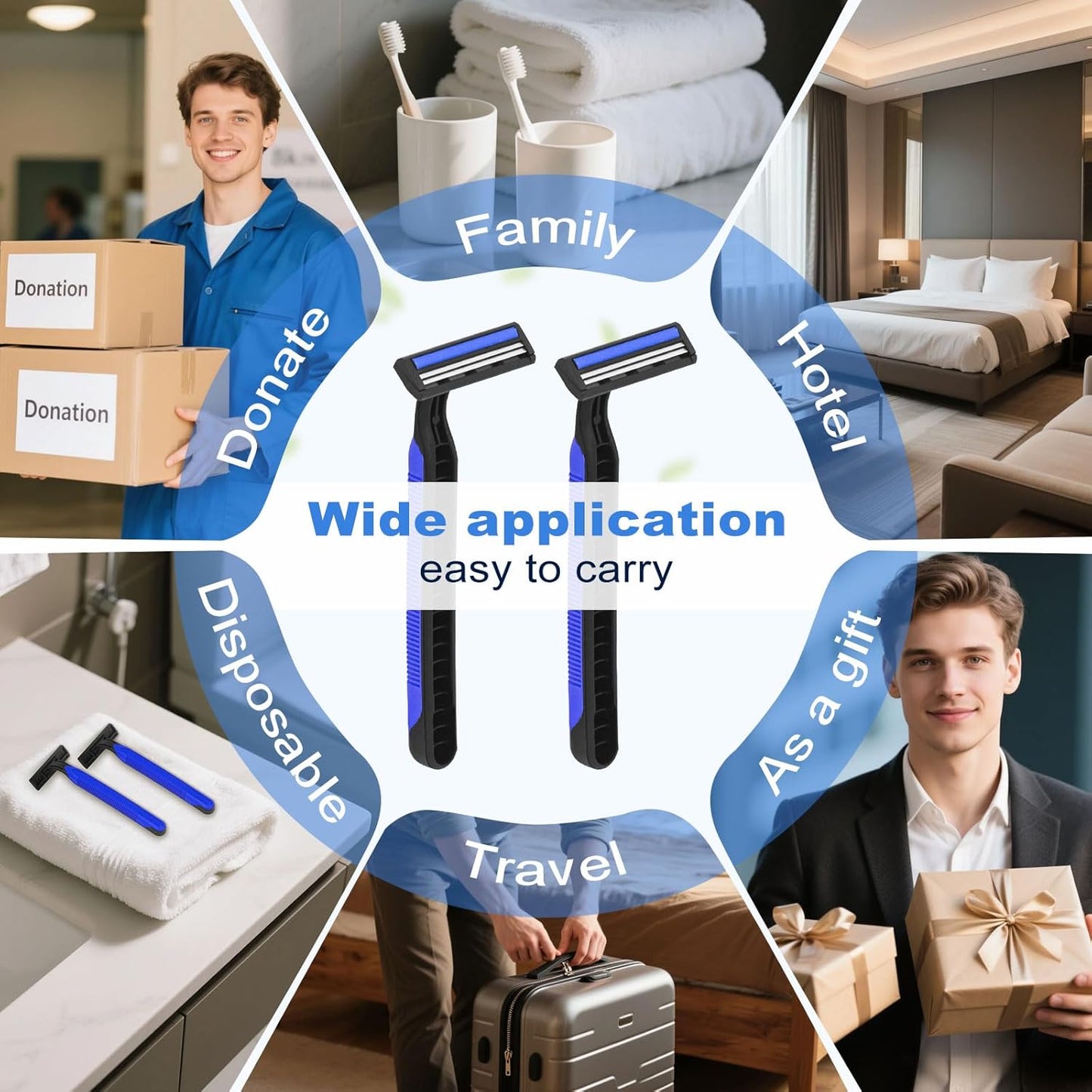 Disposable Twin Blade Razors in Bulk, Individually Wrapped - Clear Safety Cap, For Homeless, Hotel, Airbnb, Travel (pack of 30,blue)